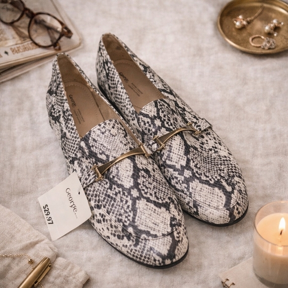 George Shoes - George Snake-Print Slip-On Loafers in Black and White with Gold Bit